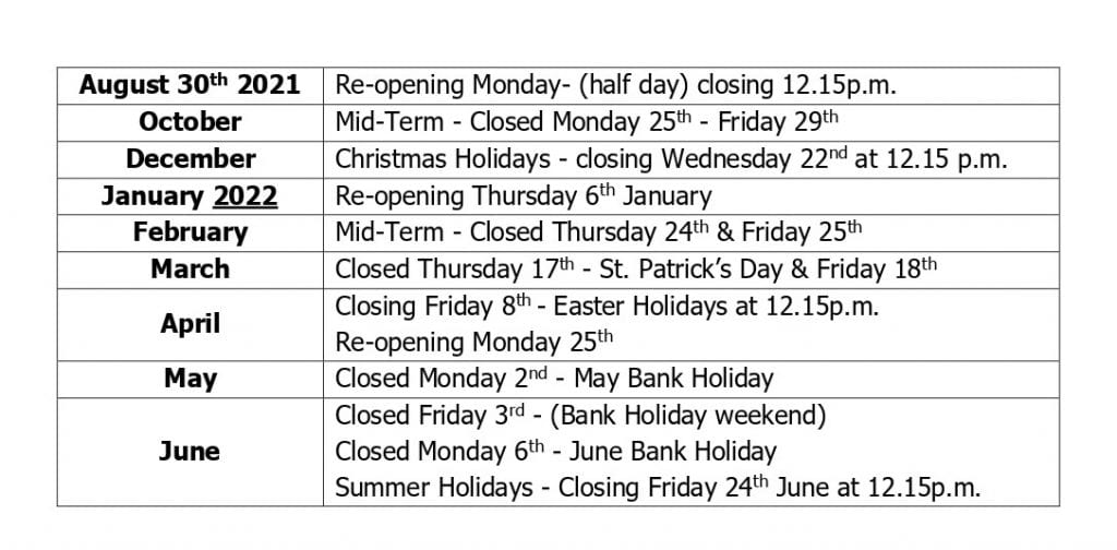 School Calendar 2021-22 | St. Joseph's Primary School, Tipperary Town