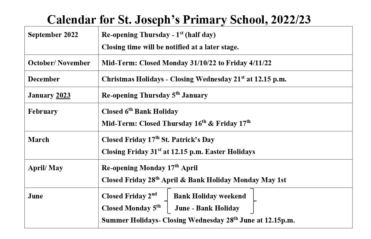 Calendar for 2022/23 School Year St Joseph #39 s Primary School